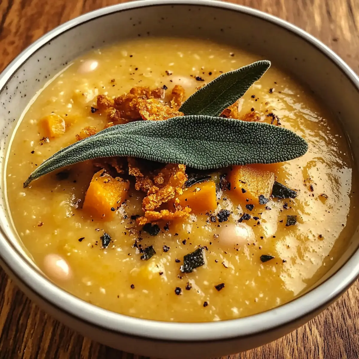 Butternut KA¼rbis WeiAe Bohnen Suppe mit knusprigem Salbei zvehpm